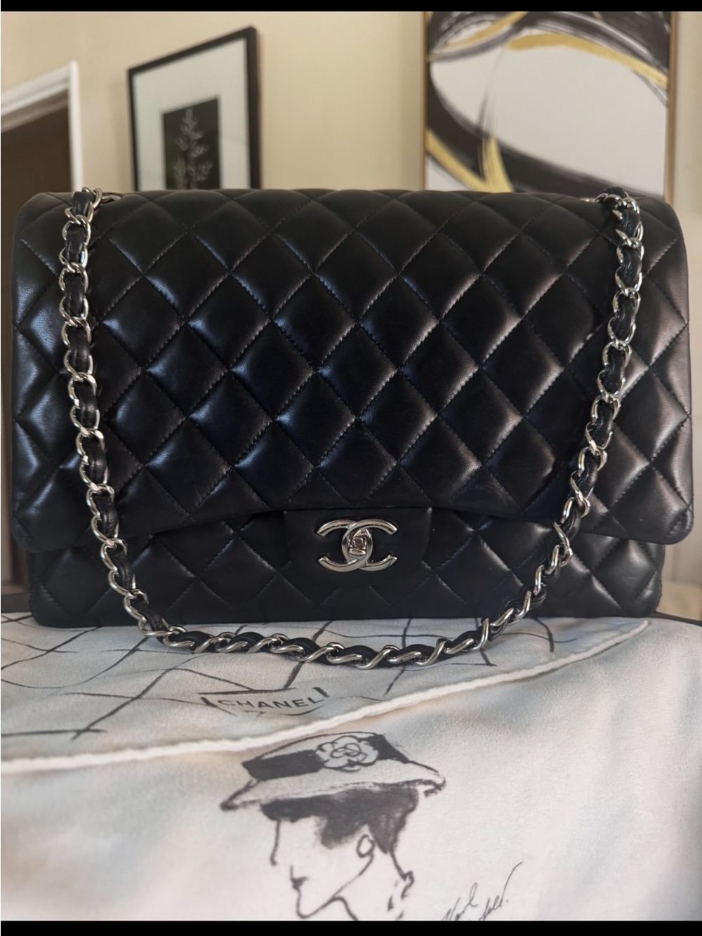 CHANEL Classic Double Flap Bag Jumbo black lambskin with Silver hardware